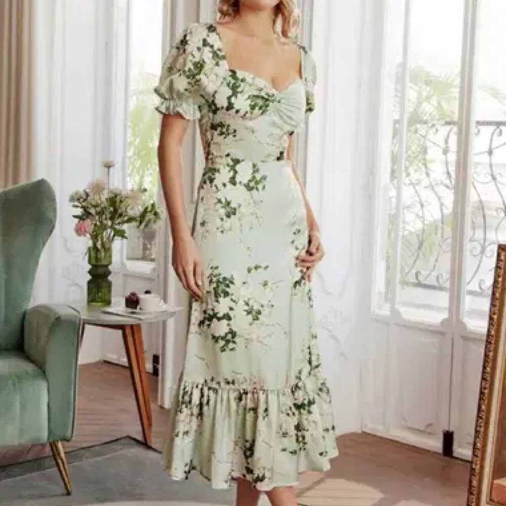 Lait Collection Laurie Puff Sleeve Midi Dress Green